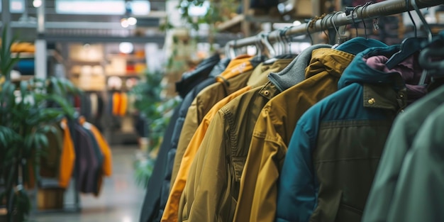 Un estante de chaquetas en una tienda con una planta verde en el fondo