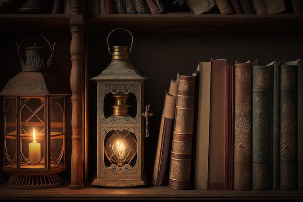 Estante cheia de livros antigos e lanternas antiquadas criadas com IA generativa