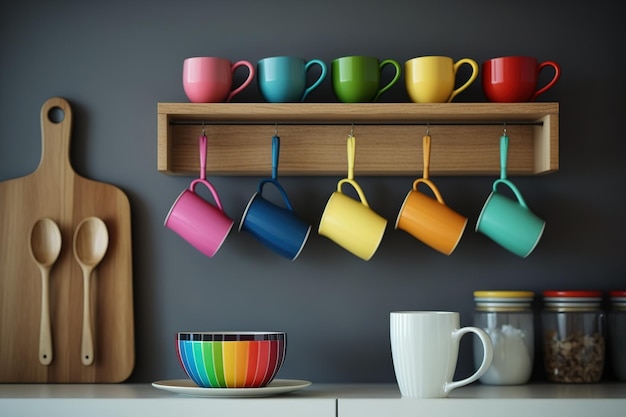 Un estante en una cocina moderna con tazas de colores colgando y una tetera debajo