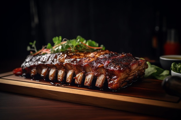 Un estante de costillas en una tabla de madera con una hoja verde