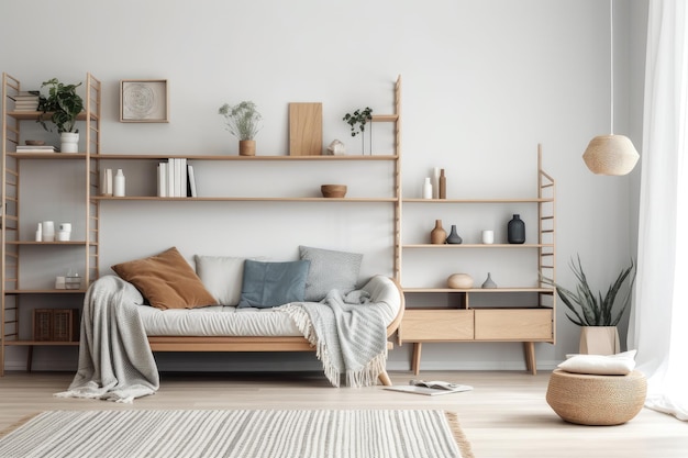 Estante de estilo escandinavo com design minimalista e muitos detalhes em madeira natural IA generativa
