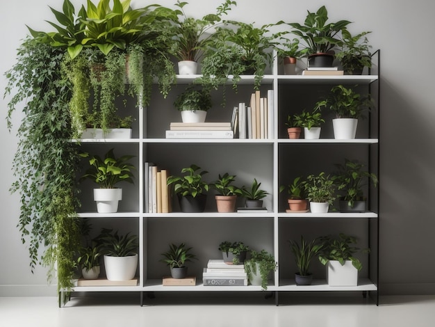 Foto estante de livros de estilo contemporâneo adornado com plantas uma ideia de decoração para a casa