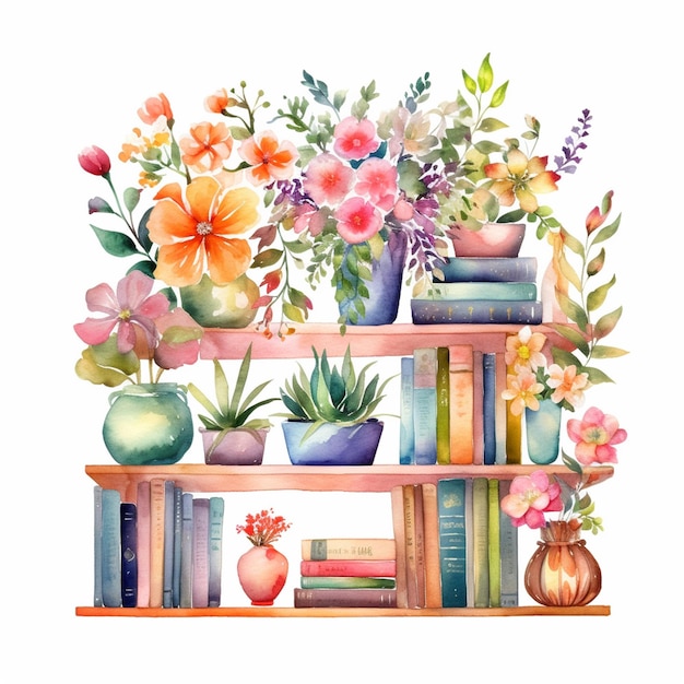 Estante em aquarela com flores e livros.