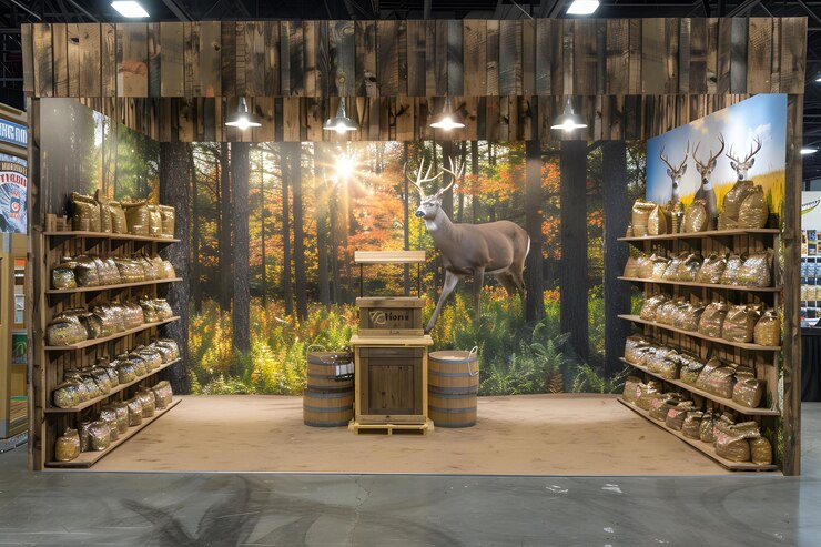 Estante de exposición rústica con decoración y exhibiciones de productos con temas de la naturaleza