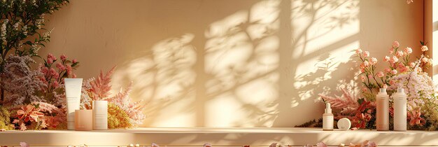 Un estante con flores y velas en una habitación con una pared y una ventana detrás de ella con una sombra de