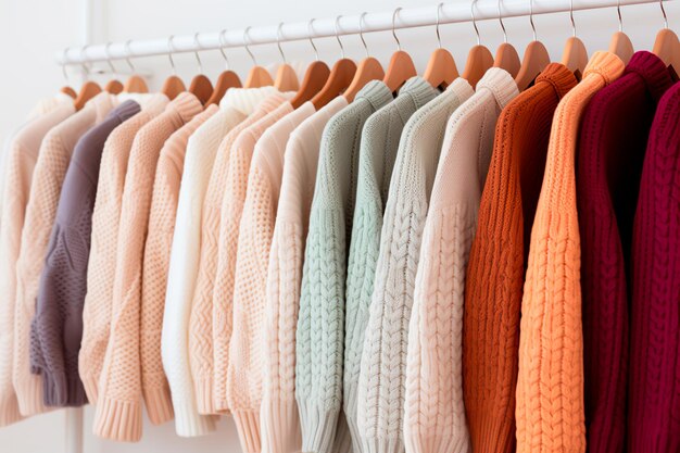 Un estante de fondo blanco ofrece una vista de primer plano que muestra una variedad de suéteres cálidos en un cur