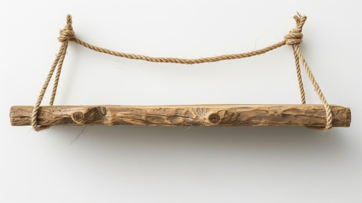 Foto un estante hecho de madera y cuerda colgando del techo
