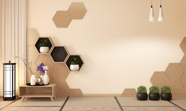 Estante hexagonal de madera y azulejos hexagonales de madera, decoración estilo japonés, representación 3d