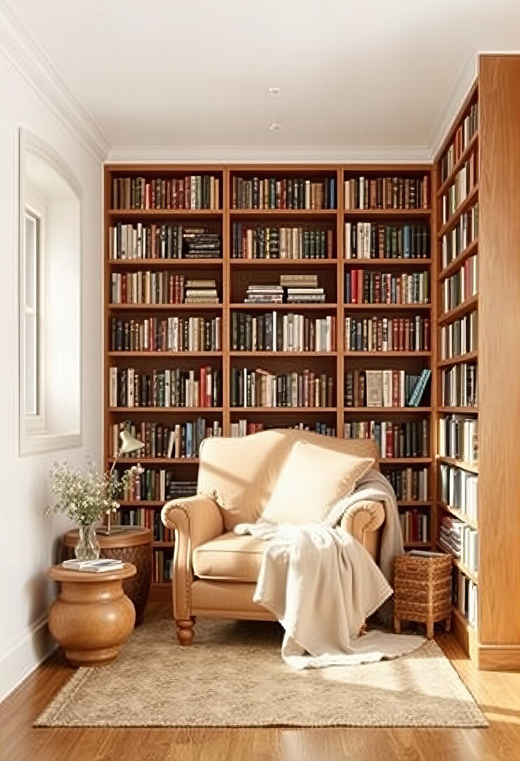 un estante con libros en él y una silla delante de él