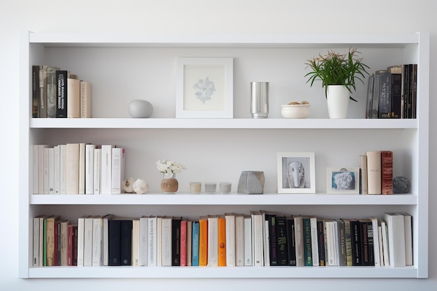 Un estante con libros, flores y una planta.