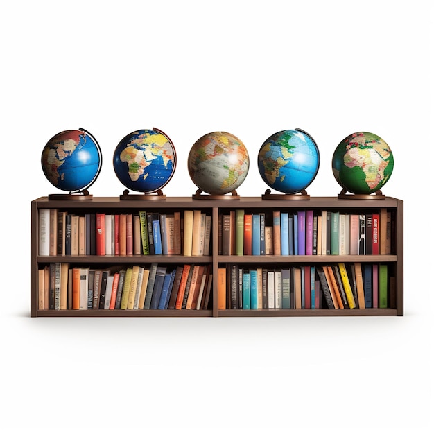 un estante con libros y un globo terráqueo