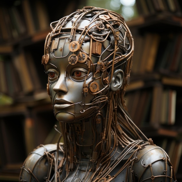 Un estante para libros hecho con una estatua de cabeza humana Mejorar la lectura Relación entre libros y conocimiento