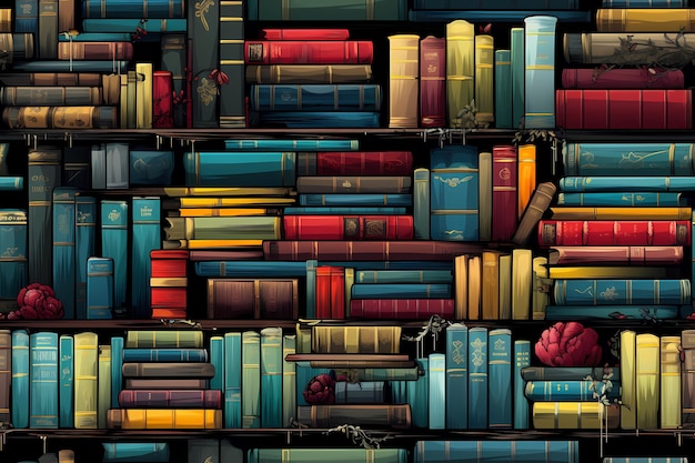 El estante de libros ilustrado tiene un patrón de azulejos sin costuras.