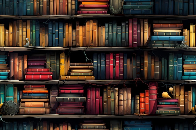 El estante de libros ilustrado tiene un patrón de azulejos sin costuras.