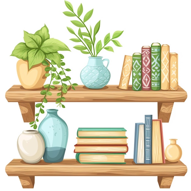 un estante con libros un jarrón una planta y un libro en él