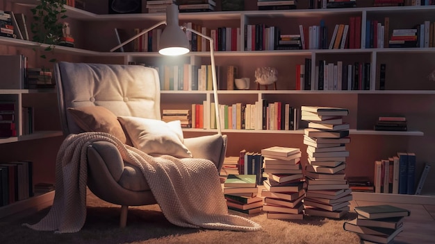 un estante de libros con una lámpara en él y una lámpada en el suelo