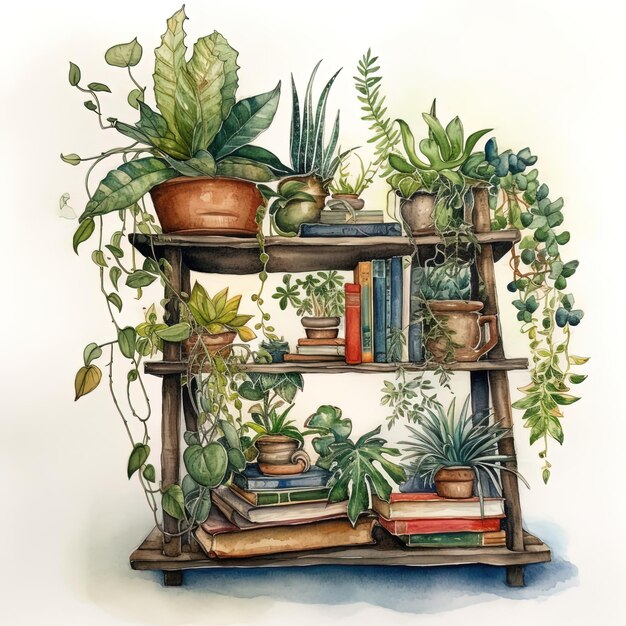 Un estante de libros con plantas en él