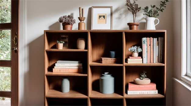 Un estante con libros y plantas.