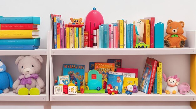 Estante lleno de libros y juguetes sobre niños blancos de regreso a la escuela