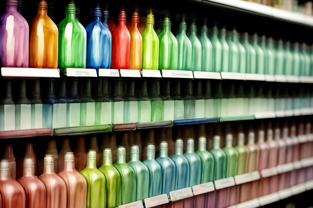 Un estante lleno de muchas botellas de diferentes colores