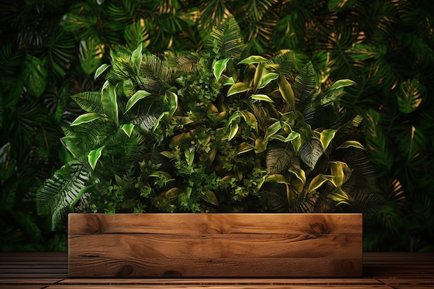 Un estante de madera con un estante de madera frente a una pared cubierta de plantas verdes