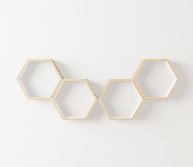 Foto estante de madera hexagonal estilo japonés mínimo espacio de copia diseño interior hexagónico