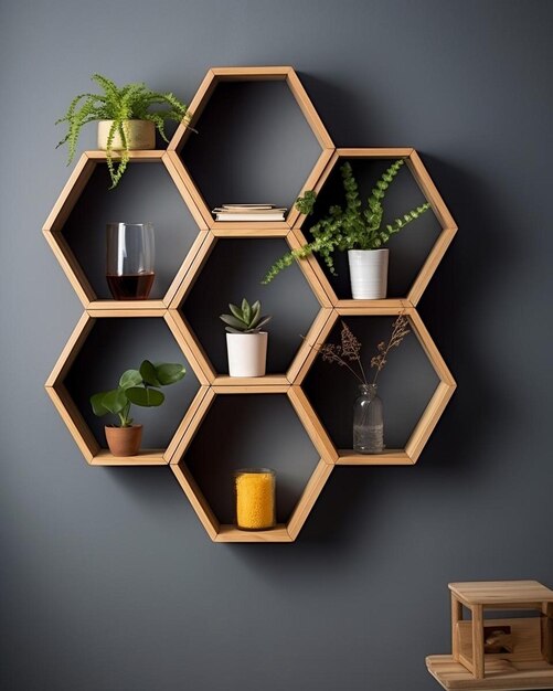 estante de madera hexagonal interior de estilo japonés minimalista