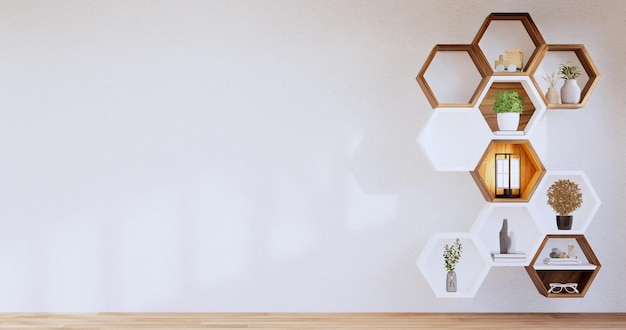 Estante de madera hexagonal japonés sobre fondo de pared Representación 3D