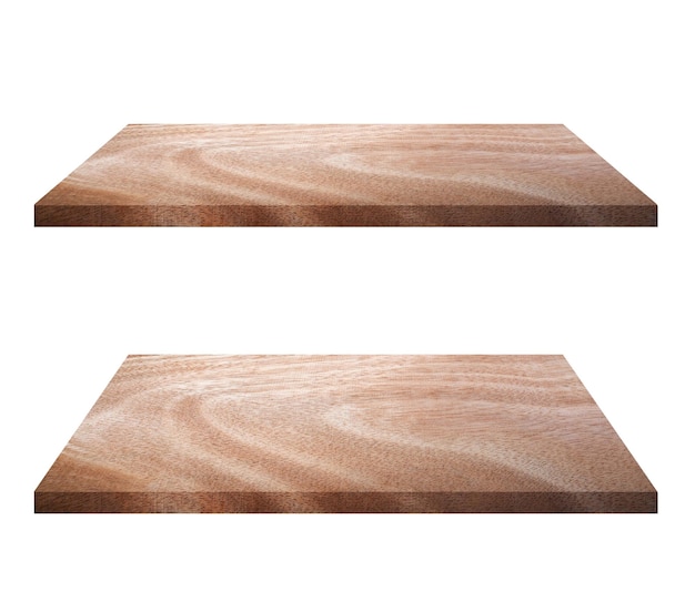 Foto estante de madera marrón vacío aislado sobre fondo blanco para el montaje de su producto