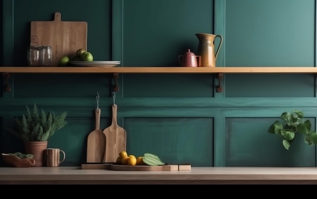 Estante de madera con paneles de pared verde en la cocina IA generativa