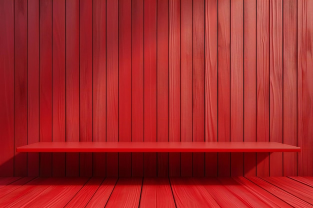 Foto estante de madera sobre un fondo de pared de madera roja