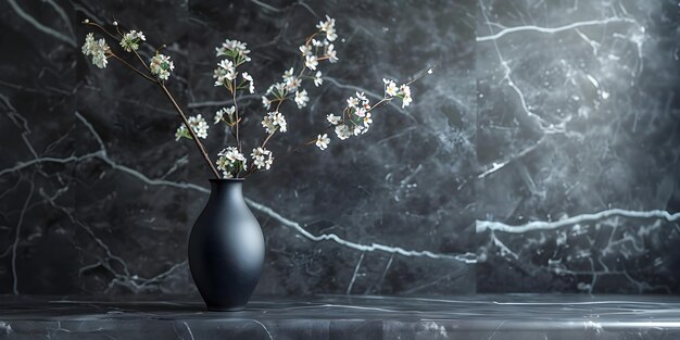 Foto estante o mesa negra con un jarrón de cerámica y ramas de flores de primavera blancas en la pared de mármol oscuro texturizado concepto de maqueta de diseño interior minimalista para el hogar u oficina con decoración y espacio de copia