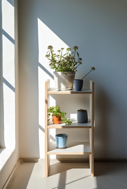 estante con ollas y plantas en él y una planta en olla en el estante