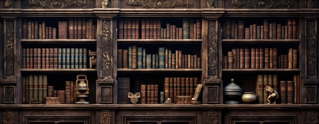 Foto el estante de la pared lleno de libros y manuscritos antiguos en la sala de la biblioteca de estilo vintage generado por la ia