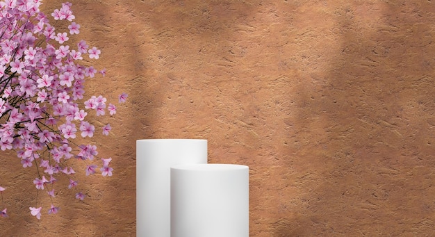 Estante de podio 3d con árbol de sombra y pared de textura para la presentación del producto Representación 3D