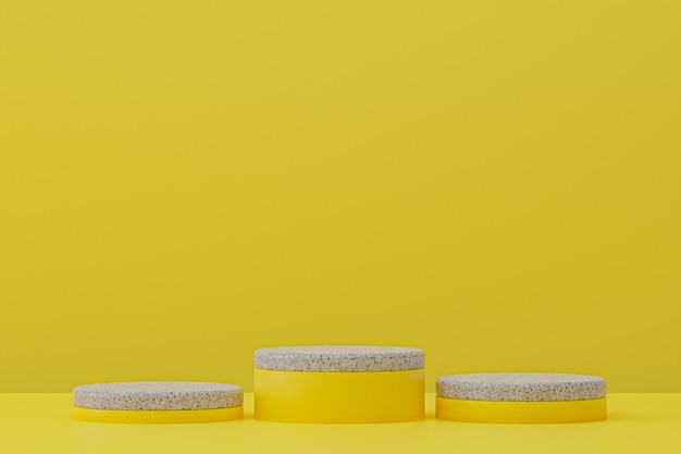 Estante de podio de mármol o soporte de producto vacío estilo minimalista sobre fondo amarillo para presentación de productos cosméticos.