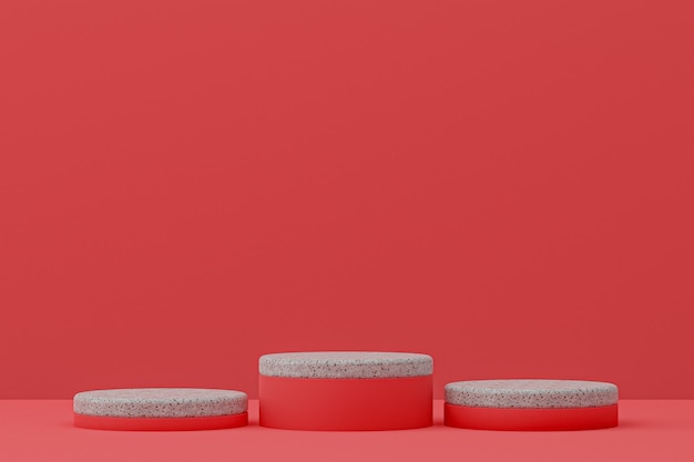 Estante de podio de mármol o soporte de producto vacío estilo minimalista sobre fondo rojo para presentación de productos cosméticos.