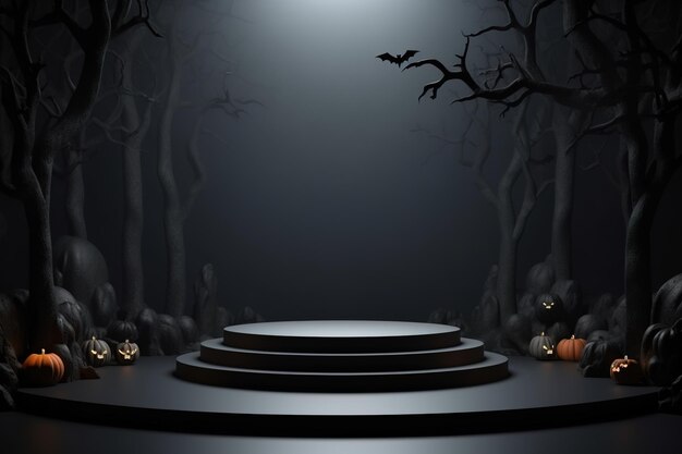 Estante de podio negro o pedestal vacío con calabazas, arañas, murciélagos sobre fondo oscuro de Halloween Soporte en blanco para mostrar el producto Maqueta de pancarta de Halloween feliz Representación 3D