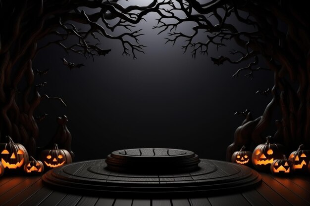 Estante de podio negro o pedestal vacío con calabazas, arañas, murciélagos sobre fondo oscuro de Halloween Soporte en blanco para mostrar el producto Maqueta de pancarta de Halloween feliz Representación 3D