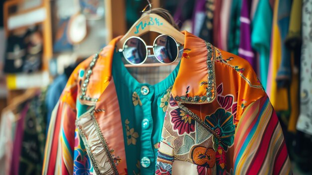 Foto un estante de ropa de colores en una tienda de segunda mano la ropa es en su mayoría de las décadas de 1970 y 1980