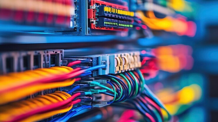 El estante del servidor con cables de colores