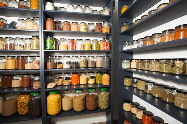 Estante en una tienda con coloridas especias naturales y polvos en frascos de vidrio en exhibición. Frutos secos y nueces, cereales en la tienda. Mercado de ultramarinos y comida sana y concepto de cero residuos.