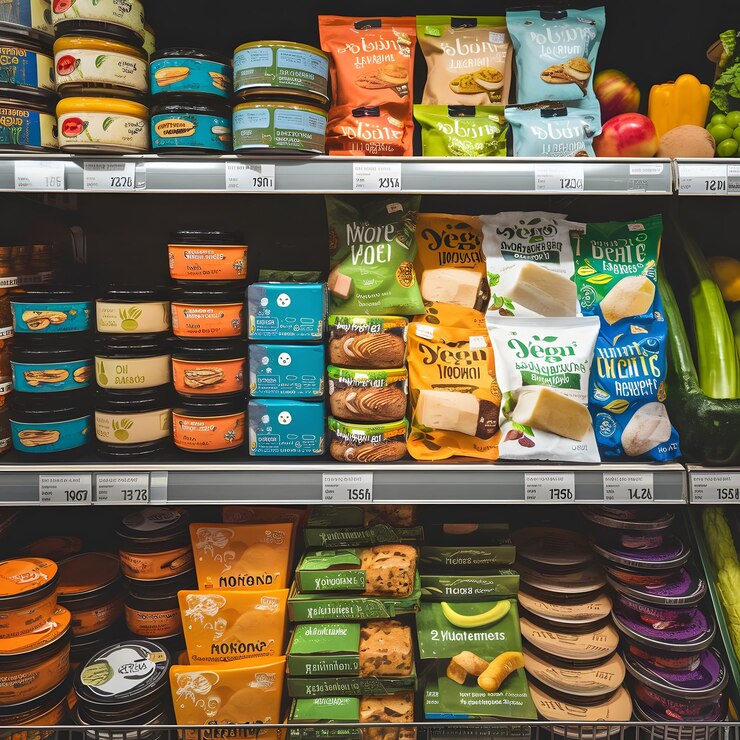 un estante de una tienda de comestibles con una variedad de alimentos, incluido uno que dice orgánico