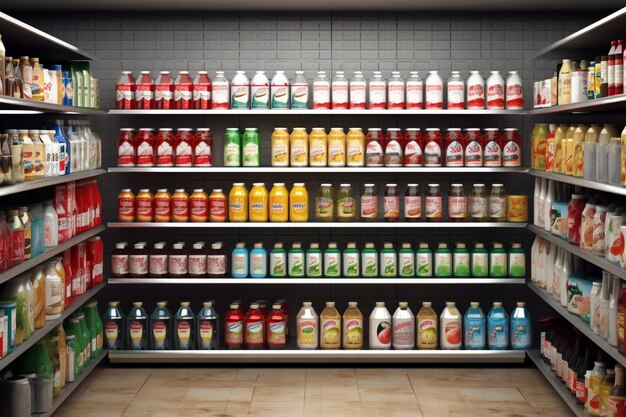 un estante de la tienda lleno de botellas de líquido y botellas de diferentes colores