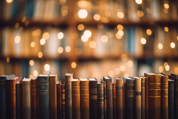 Foto estante turva muitos livros antigos em uma livraria ou biblioteca