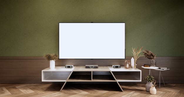 Foto estante de la tv en estilo tropical moderno de la sala verde - interior de la habitación vacía - diseño minimalista. representación 3d