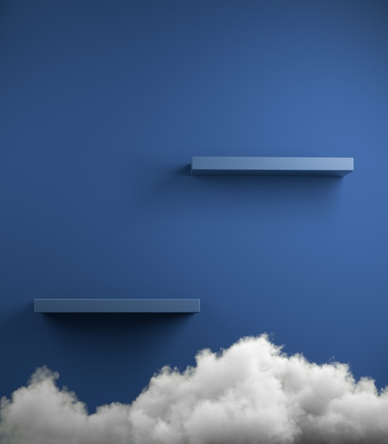 Estante vacío de color azul clásico mínimo moderno con render 3d de fondo de nube blanca