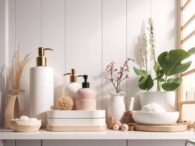 un estante de varios productos de baño, incluidos jabones, flores y plantas