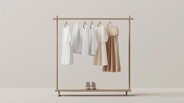 un estante de vestidos blancos con un marco de metal dorado con una falda blanca y un vestido blanco colgando en él