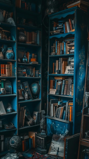 una estantería azul con muchos libros